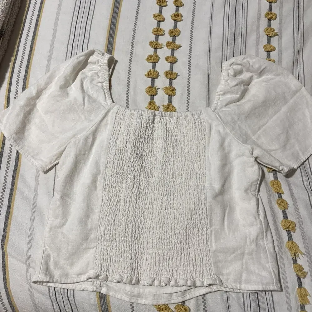 Abercrombie & Fitch Crop Blouse L Puff Sleeve Peasant Boho Poplin Smocked EUC